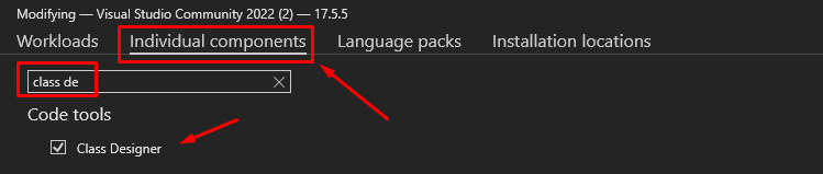 Visual Studio Installer with Class Designer component